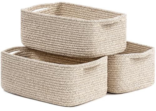 Storage Baskets, Closet Shelf Organizers for Gifts Empty, Baskets for Shelves, Dog Toy Basket, Woven Basket for Storage for Towels for Organizing 3 Pack, White & Brown, 33 x 20 x 13 cm