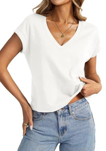 EasyGala Womens Cap Sleeve Crop Tops Cotton V Neck T Shirt Boxy Loose Fit Short Sleeves Tee Summer Fashion Clothes 2026 White
