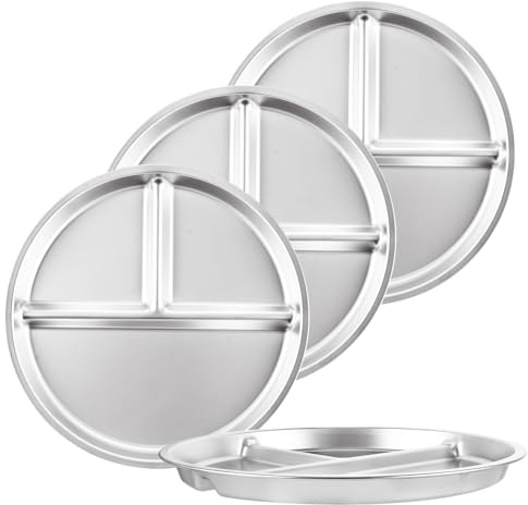 LOLYSIC 4 stycken serveringstallrikar i rostfritt stål, 3 sektioner rostfritt stål, 23 cm portionskontrollplatta, delade tallrikar, uppdelade brickor för camping, personer med feta