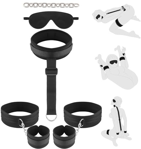 Bondage Restraint BDSM Sex Toys - Wrist & Thigh Cuffs BDSM Restraints Set with Adjustable Neck to Wrist Strap Kits Adult Toy for Men Women and Couple Beginner SM Game Play | 6PCS