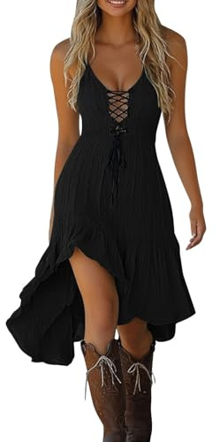 AMhomely Women's Gothic Western Midi Dress - Vintage Cowgirl Sleeveless Sundress with Cross V Neck & Ruffled Hem