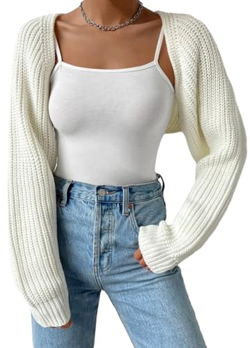 Yoisdtxc Women Cropped Sweater Shrug Long Sleeve Open Front Knit Chunky Shrug Knit Tops (A-White, M)