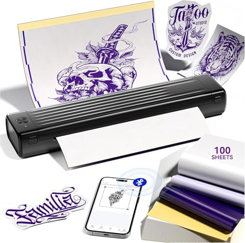 Itari Termocopiadora Tattoo, Impresora Tatuajes con 100 Hojas de Papel de Transferencia, Impresora Termica Tattoo, Impresora Tattoo Compatible con Smartphone PC, Negro, 100 Hojas