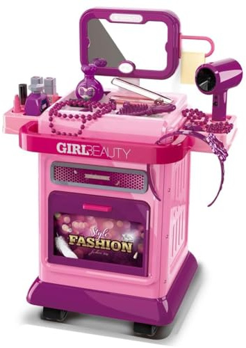 BAKAJI Carrello Postazione Make Up per Bambini con Specchio, Giocattolo per Bambine Toeletta Trucco Mobile con Tantissimi Accessori Beauty Realistici, Gioco Educativo Idea Regalo