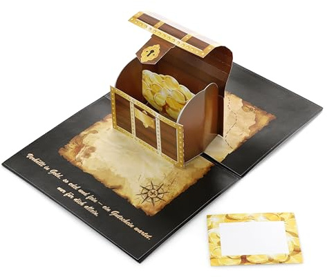 CraftWerk Tarjeta desplegable 3D con cofre del tesoro – Vale para rellenar con tarjeta rasca para hombres y mujeres – vale de deseos como tarjeta de cumpleaños