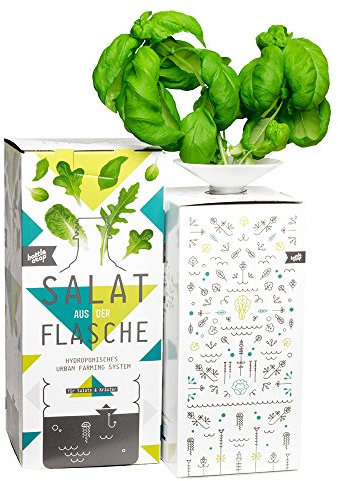 Bottlecrop - Salat aus der Flasche | Großblättriges Basilikum | Anzuchtsystem | Urban Farming | Geschenkidee | Hydrokultur | Pflanzen ohne Erde | Kräutergarten Fenster | vertikaler Garten