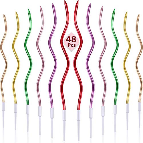 48 Stück Gebogen Geburtstag Kerzen Spiral Kuchen Kerzen mit Halter Metallisch Kuchen Cupcake Kerzen Lang Dünn Lockig Spule Kuchen Kerzen für Geburtstag, Hochzeit Party Dekoration (Metallisch Bunt)
