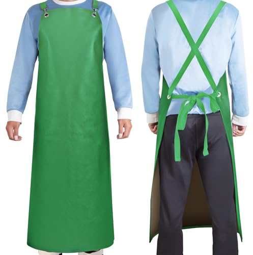 SHEOMERN Waterproof Rubber Apron, 43 Anti-Tear Heavy Duty Vinyl Adjustable Thicker Cross Back Dishwasher Apron for Restaurant Dishwashing, Butcher, Lab Work, Dog Grooming Green