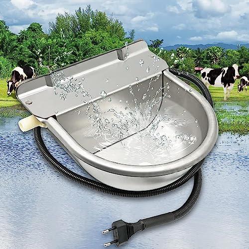 MOGOULUA Beheizte Rindertränke Thermo 220V 80W Automatisches Heizbares Tränkebecken Beheizte Frostschutz Tränkebecken Edelstahl Hunde Tränke mit Einstellbarem Schwimmerventil und Abflussloch