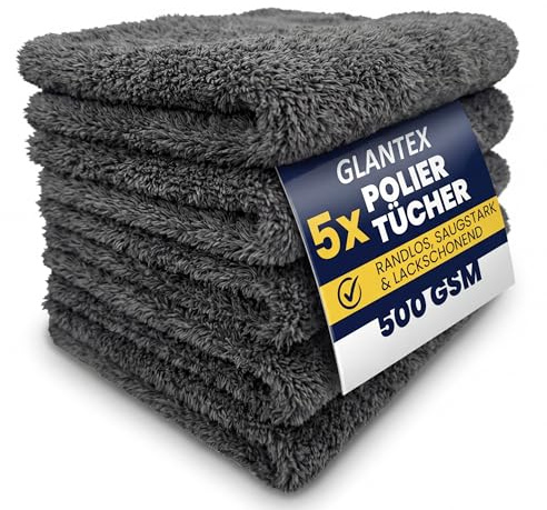 GLANTEX 5X Auto Poliertuch – Mikrofasertuch Randlos, super lackschonend und saugstark mit 500 GSM – fusselfreies Microfasertuch für die Autopflege 40 x 40cm, Mikrofaser Motorrad polieren
