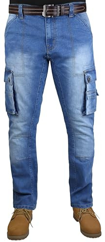 Herrjeans, cargo, denim, kampbyxor, raka ben, normal passform, snygga och funktionella arbetsjeans, med flera fickor, Stone Wash – finns i alla midjestorlekar, blå 2, 32W x 32L