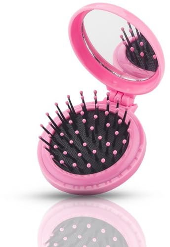 Travel Hair Brush with Mirror for Purse, Portable Folding Pocket Hair Brush Mini Hair Comb Small Compact Hairbrush for Girls
