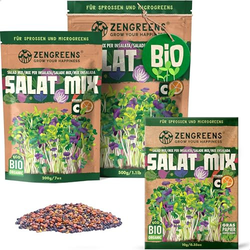 ZenGreens® - Mélange de graines de Salade bio - Choisissez entre 10, 200g et 500g - Salade Mix de graines germées - Mélange de germées pour salades - Microgreens