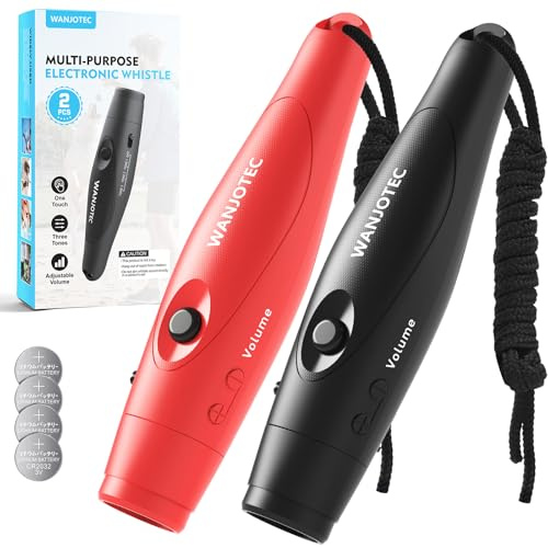 WANJOTEC Electronic Whistle, Battery Operated Whistle Adjustable 3 Different Loud Whistle Sounds with Lanyard Handheld Whistles for Referees Coaches Teacher Training/Camping (2, Black+Red)