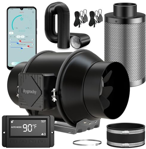 Aygrochy Wifi App Extractor de aire kit 150mm, Ventilador en línea Kit para cultivo, con filtro de carbón y manguera de extracción para carpas de cultivo, tienda de cultivo hidropónico