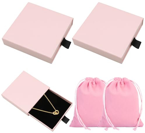 VEGCOO 2 Pezzi Confezione Regalo per Gioielli con 2 Sacchetti Regalo, 8 x 8 x 1,7 cm Scatola Regalo per Collana in Cartone, Confezione Regalo Piccola per Riporre Anelli, Collane e Polsini (Rosa)