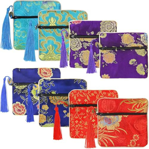 WeddHuis 8 Pezzi Sacchetti Portagioielli in Broccato di Seta con Cerniera, Borsette Regalo per Donne, Monete, Viaggi, Porta Gioielli, Matrimonio, Compleanno, Festa, Bomboniere (11,5 x 11,5 cm)