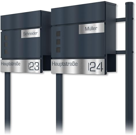 Graviers Design Cassetta delle lettere doppia con piedistallo antracite RAL 7016 - cassetta postale da finestra personalizzata in acciaio inox nome via numero civico incisione laser con serratura