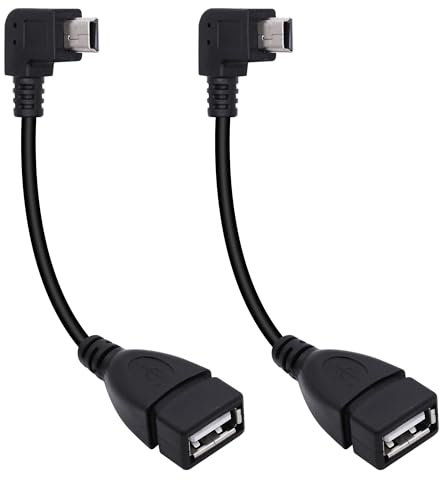 Xilaghy Cable adaptador mini USB a USB A OTG de 90 grados, ángulo izquierdo, mini USB de 5 pines tipo B macho a USB tipo A hembra, cable adaptador para cámaras digitales, negro, 14 cm (2 unidades