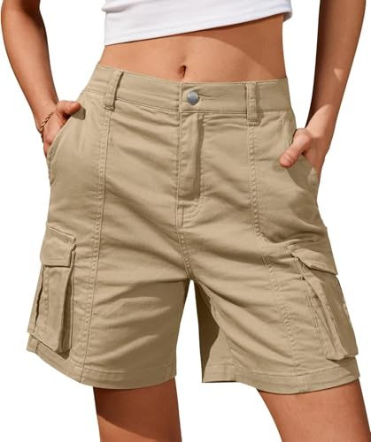 BUNSLOOM Pantaloncini Bermuda da Donna, Pantaloncini Cargo, Shorts con Tasche, Elastico in Vita, Shorts Lunghi Estivi, cachi, M