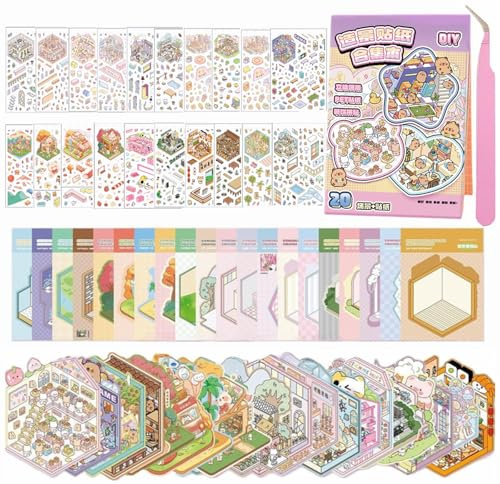 Wnqou Lot de 20 autocollants de maison 3D à faire soi-même, livre de collection miniature 3D, scène de magasin d'animaux de compagnie miniature, autocollants mignons de dessin animé pour adultes et