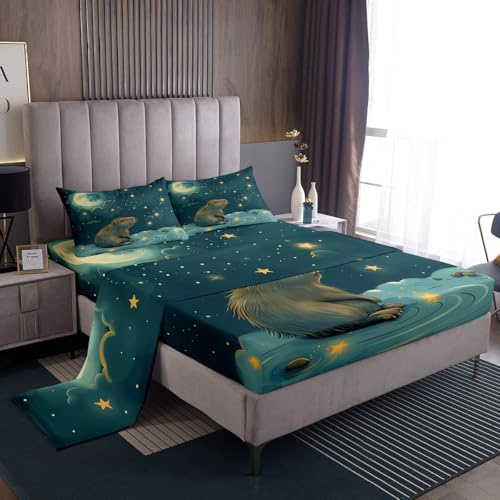 Erosebridal Cute Beaver Bed Sheets Set Twin Size for Kids, Wild Animal Flat Fitted Sheet for Bedroom, Wildlife Bedding Set, Galaxy Starry Sky Bed Sets
