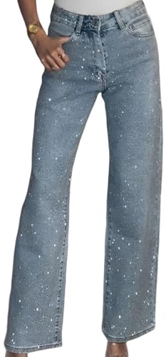 XUANXUANQZ Jeans A Gamba Dritta Da Donna Con Dettagli In Strass, Pantaloni In Denim Elasticizzati A Vita Alta (Blu, XL)