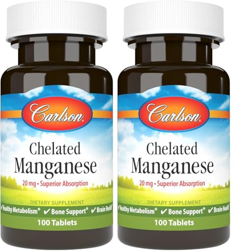 Carlson - Chelated Manganese, 20 mg, Superior Absorption, Healthy Metabolism, Bone Support & Brain Health, 100 Tablets (Pack of 2)