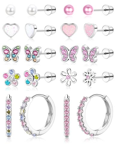 LOLIAS 10 Paires Boucles d'oreilles pour Fille Femmes Acier Inoxydable Creoles Argent Coeur Perle Fleur Papillon Boucle d'oreille Enfant Fille Hypoallergéniques Bijoux Cadeau Anniversaire Filles