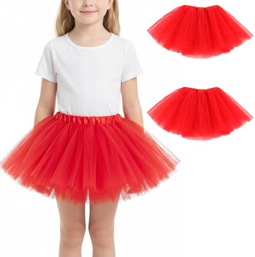 ZXTGBQ 2 Faldas Infantiles Cortas de Tul Elástico para Niñas, Tutu Rojo Niña, Tutu Elastico Tul 3 Capas 28 cm de Longitud, Falda Tutú para Niñas para Danza Rendimiento Fiesta(Rojo, 3 Capas)