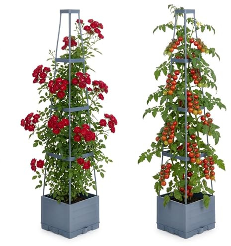 Relaxdays Pflanzkübel mit Rankhilfe, 2er Set, Tomaten, Rosen, Selbstbewässerung, HxBxT: 145x25x25 cm, Pflanzturm, grau