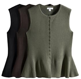 THE SET Donne Confezione da 3 gilet senza maniche in maglia con peplo Black/Chocolate Brown/Khaki Green small