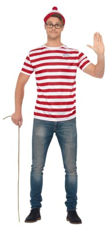 Smiffys Disfraz de ¿Dónde está Wally?, Rojo y blanco, con camiseta, gorra y gafas Halloween