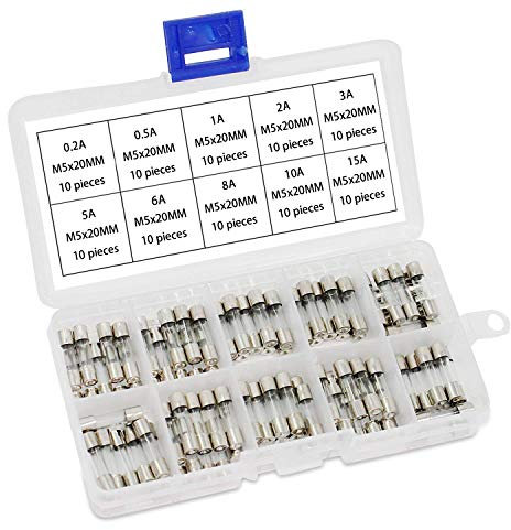 ALLNICE 100 fusibles de tubo de vidrio M5 x 20 mm, kit surtido de fusibles de cartucho de brillo rápido, 250 V A, 0,2 A, 1 A, 2 A, 3 A, 5 A, 8 A, 10 A, 15 A, 6 A (tipo 1: tiene 6 A)