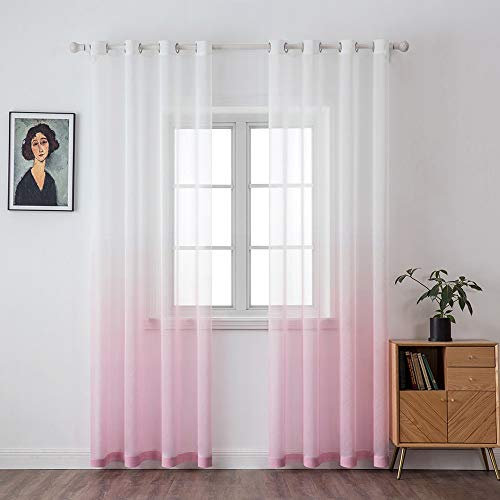 MIULEE Gardinen Transparent Vorhänge Farbverlauf Voile Sheer 2er Set Vorhang mit Ösen Dekoschal Fensterschal für Schlafzimmer und Wohnzimmer 225 cm x 140 cm(H x B) Weiß Rosa