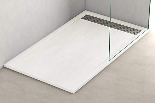 Plato Ducha Resina Efecto Pizarra Extraplano, Resistente al Rayado, Muy Agradable al Tacto. Con Rejilla Extralarga 80x140 Blanco