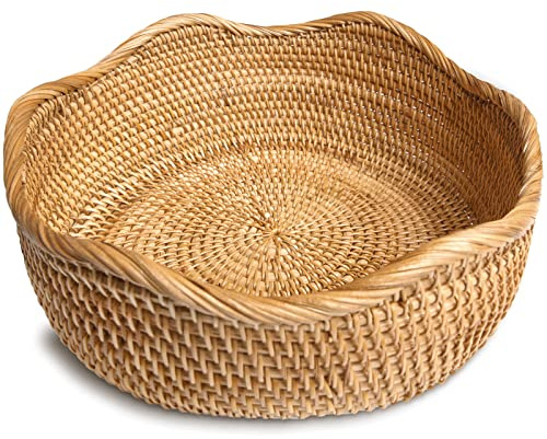 HITOMEN Handmade Rattan Bread Baskets Round Wicker Fruit Serving Storage Bowls, Natural Woven Decorative Kitchen Counter Organizing (Honey Brown) M-10.2