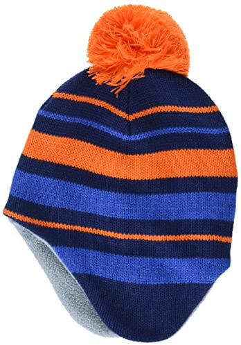Amazon Essentials Kids' Ear Flap with Pom Beanie, Blau/Marineblau/Orange, Streifen, Einheitsgröße