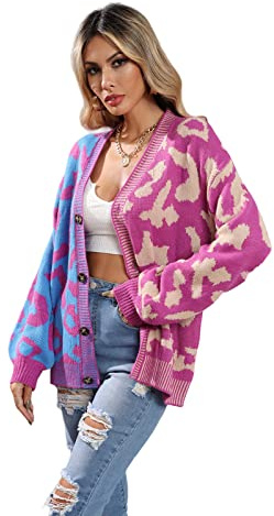 HEYPORK Damen Herbst Winter Warm Bequem Jacke Casual Mode übergangsjacke Mantel Frauen Pullover Leopardenmuster Patchwork Strickjacke Knopfleiste Strickpullover(Lila, XL)