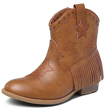 DREAM PAIRS Kids Stylish Western Boots | Pairs with jeans shorts or dresses, star embroidery, tassel detail, soft lining, low heel, side zipper, non-slip