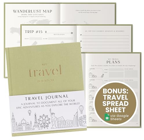 Inspired Ink Travel Journal for Women and Men Travel Bucket List Journal 210 Pages Traveler Adventure Notebook – Itinerary Planner Organizer & Traveling Memory Diary Memorial Gift for Travelers - Green