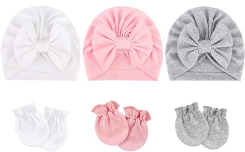DRESHOW Set med Mössor och Vantar för Nyfödd Baby Sjukhusmössa Babymössa med Rosett Babyhandskar i Bomull Inga Repor Vantar för 0-6 Månader