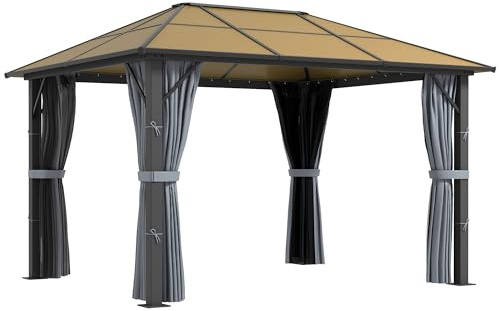 Outsunny 3 x 3.6m Hardtop Gazebo Canopy with Polycarbonate Roof, Aluminium Frame, Permanent Pavilion Garden Gazebo with Netting and Curtains - Grey