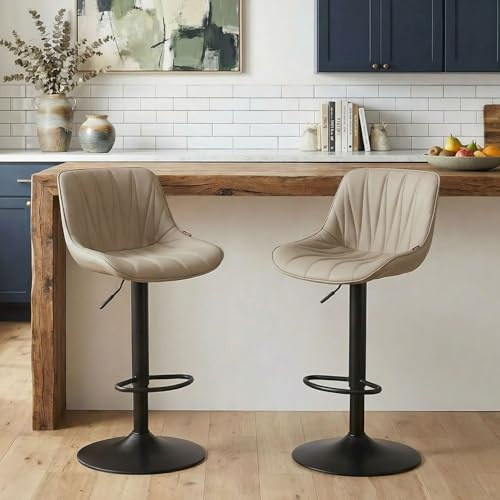 YOUNIKE Bar Stools Set of 2, Swivel Tall Barstools with Back, Adjustable Height Faux Leather Upholstered Modern Counter Height Bar Chairs, Khaki