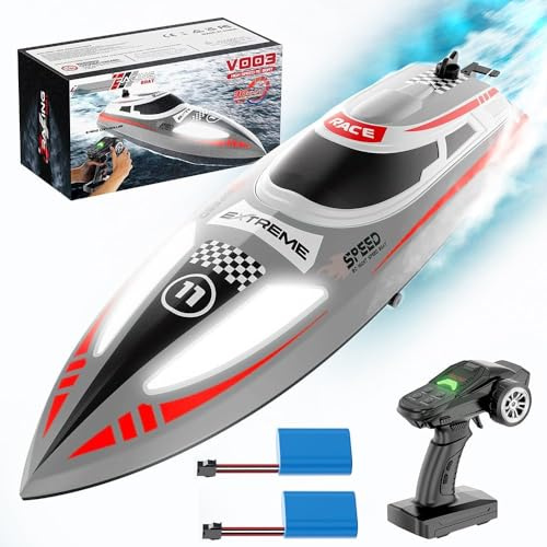 OBEST Fernbedienende Boot mit LED-Licht, 30km/h High Speed RC Rennboot, Upgrade Waterproof Remote Control Boat, 2 Akk, Autopilot-Modus Nie-Kentern Geschwindigkeit-Einstellbar Speedboot (Grau)