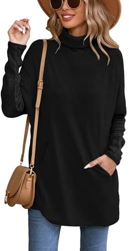 Famulily - Maglione da donna a collo alto, pullover lungo oversize per l'autunno e l'inverno con tasche, Nero , XXL