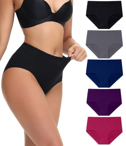 wirarpa Underwear Women Mid High Waist Knickers Comfortable Ladies Cotton Pants Full Briefs 5 Pack Black Grey Navy Purple Red Size Medium