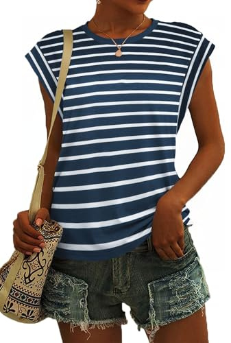SENBATU Camiseta sin Mangas para Mujer con Cuello Redondo y Camisetas Casuales de Verano para Mujer Rayas Azul Blanco x-Large XL 46-48