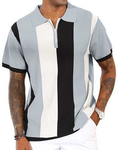 Camisas polo de moda para hombre con rayas vintage y tejido de punto, camisas casuales de manga larga para golf, azul, XL