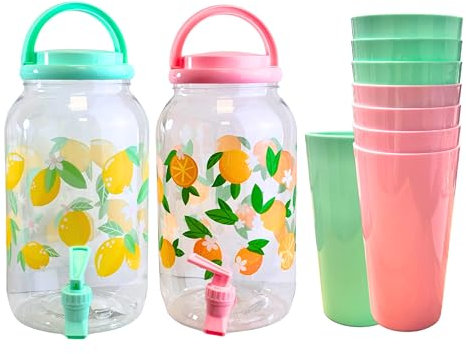 ADEPTNA 2-Pack 3.6L Drink Dispenser Tap, Handle, Screw Top Lid & 8 Tumblers Beverage Container for Juice Cocktails Lemonade Infused Drinks Summer Party BBQ Water Dispenser Leakproof Spigot Handle